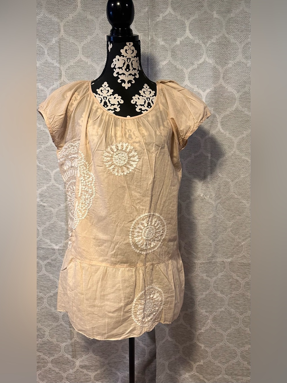 Nougat London Beige Embroidered Boho Tunic Blouse size 4( fits US 10/12)